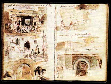 Scnes de rue, le souk et la port e de Bab el-Mansour (mine de plomb, encre et aquarelle). 

Muse du Louvre, album d'Afrique du Nord et d'Espagne.


